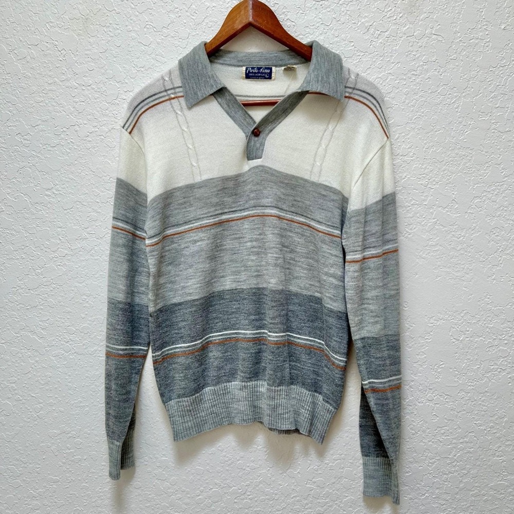 VTG 90s Portofino Mens Gray Striped Long Sleeve Polo Sweater L Acrylic Preppy